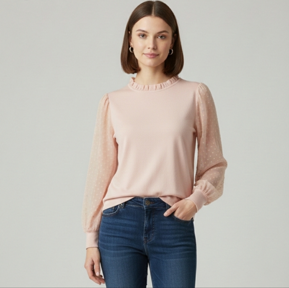 Adriana Papell Pink Peachy Princess Puff Sheer Sleeve Mixed Media Size MED